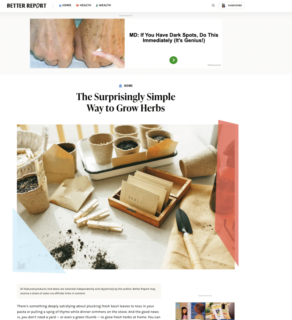 A screen shot of Rachel Cavanaugh's article in Better Report titled "The Surprisingly Simple Way to Grow Herbs"